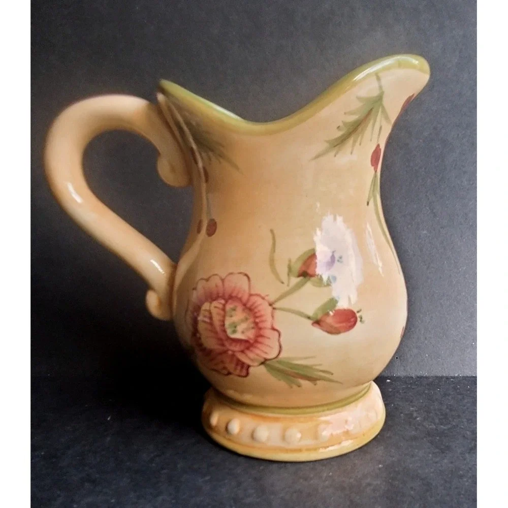Hand Painted Floral Ceramic Pitcher Yellow Pink Flower Scalloped Rim 6.5 Inch